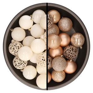 Kunststof kerstballen 74x stuks wol wit en lichtbruin 6 cm -