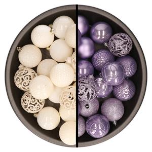 Kunststof kerstballen 74x stuks wol wit en lila paars 6 cm -