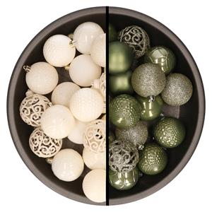 Kunststof kerstballen 74x stuks wol wit en mos groen 6 cm -