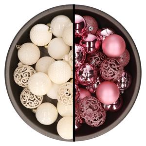 Kunststof kerstballen 74x stuks wol wit en roze 6 cm -
