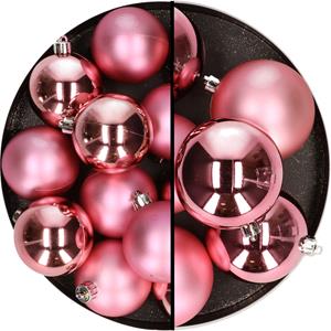 18x stuks kunststof kerstballen roze 6 en 8 cm -