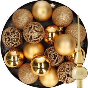 Decoris 16x stuks kunststof kerstballen 6 cm incl. glazen piek glans goud -