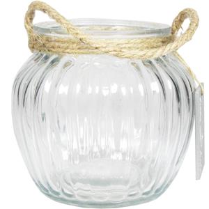 Bela Arte Glazen Ronde Windlicht Ribbel 2 Liter Met Touw Hengsel/handvat 15 X 14,5 Cm - Waxinelichtjeshouders