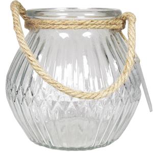 Bela Arte Glazen Ronde Windlicht Crystal 2,5 Liter Met Touw Hengsel/handvat 16 X 14,5 Cm - Waxinelichtjeshouders