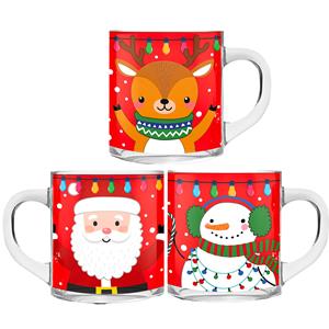 Kerst mokken/bekers - 3 stuks - glas - 300 ml - met kerstprint - 11 cm -