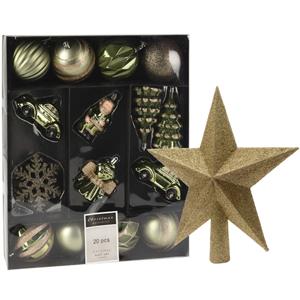 Christmas Decoration Kerstballen en ornamenten incl. ster piek groen/goud kunststof -
