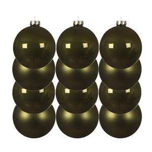 Decoris 12x stuks kunststof kerstballen mos groen 10 cm glans/mat -