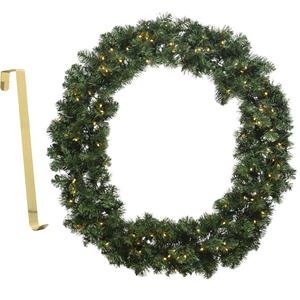 Decoris Kerstkrans groen met verlichting 60 cm kunststof incl. deurhanger -