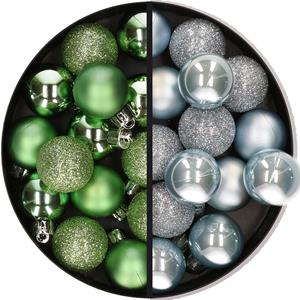 28x stuks kleine kunststof kerstballen groen en lichtblauw 3 cm -