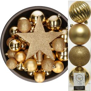 Bellatio Decoris kerstballen 37x stuks goud 5-6-8-10 cm met ster piek kunststof -