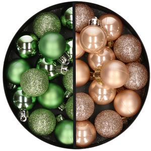 28x stuks kleine kunststof kerstballen groen en lichtbruin 3 cm -