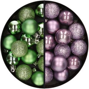 28x stuks kleine kunststof kerstballen groen en lila paars 3 cm -