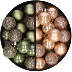 28x stuks kleine kunststof kerstballen legergroen en lichtbruin 3 cm -