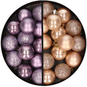 28x stuks kleine kunststof kerstballen lila paars en lichtbruin 3 cm -