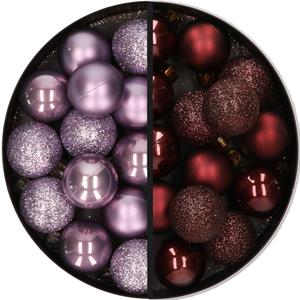 28x stuks kleine kunststof kerstballen lila paars en mahonie bruin 3 cm -