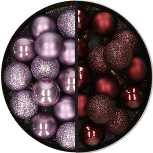 28x stuks kleine kunststof kerstballen lila paars en mahonie bruin 3 cm -