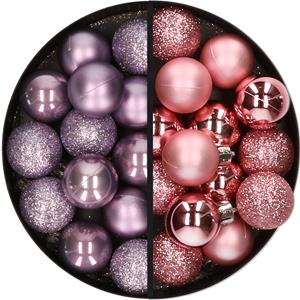 28x stuks kleine kunststof kerstballen lila paars en roze 3 cm -