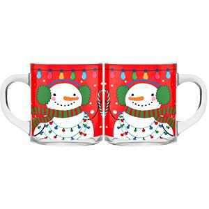 Kerst mokken/bekers - 2 stuks - glas - 300 ml - sneeuwpop - 11 cm -