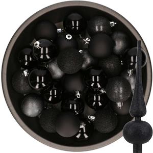 Kerstballen 48x stuks 6 cm incl. glitter piek zwart kunststof -