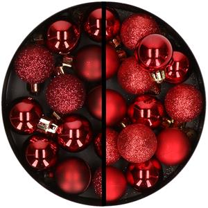34x stuks kunststof kerstballen donkerrood en rood 3 cm -
