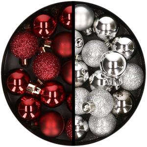 34x stuks kunststof kerstballen donkerrood en zilver 3 cm -