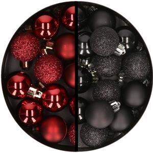 34x stuks kunststof kerstballen donkerrood en zwart 3 cm -