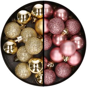 34x stuks kunststof kerstballen goud en oudroze 3 cm -