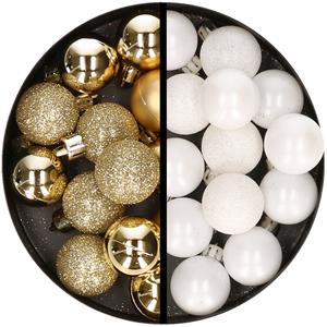 34x stuks kunststof kerstballen goud en wit 3 cm -