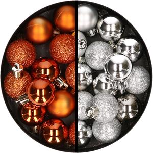 34x stuks kunststof kerstballen oranje en zilver 3 cm -