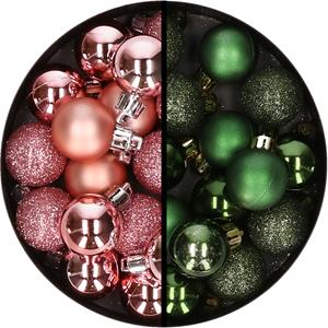 34x stuks kunststof kerstballen roze en donkergroen 3 cm -