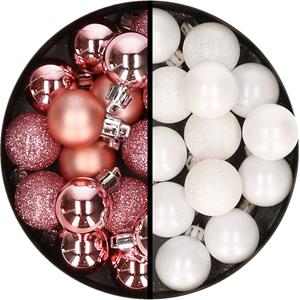 34x stuks kunststof kerstballen roze en wit 3 cm -