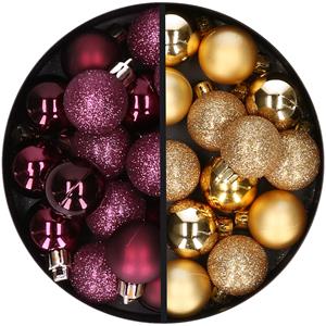 34x stuks kunststof kerstballen aubergine paars en goud 3 cm -