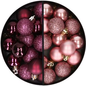 34x stuks kunststof kerstballen aubergine paars en oudroze 3 cm -