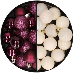 34x stuks kunststof kerstballen aubergine paars en wolwit 3 cm -
