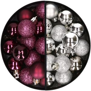 34x stuks kunststof kerstballen aubergine paars en zilver 3 cm -
