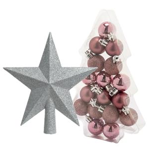 17x stuks kerstballen roze 3 cm inclusief ster piek zilver kunststof -