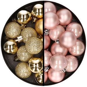 36x stuks kunststof kerstballen goud en lichtroze 3 en 4 cm -