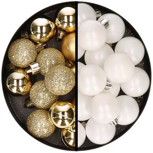 36x stuks kunststof kerstballen goud en wit 3 en 4 cm -