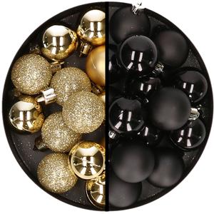36x stuks kunststof kerstballen goud en zwart 3 en 4 cm -