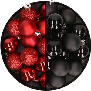 36x stuks kunststof kerstballen rood en zwart 3 en 4 cm -