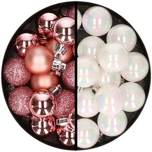 Cosy & Trendy 36x stuks kunststof kerstballen roze en parelmoer wit 3 en 4 cm -