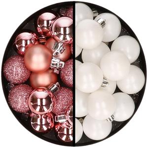 36x stuks kunststof kerstballen roze en wit 3 en 4 cm -