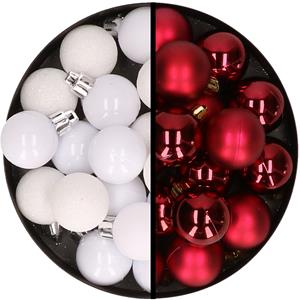 36x stuks kunststof kerstballen wit en donkerrood 3 en 4 cm -