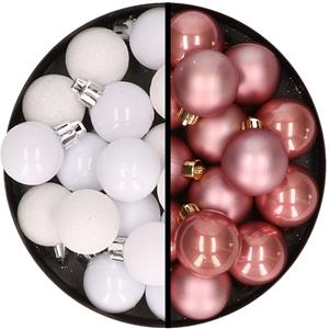 36x stuks kunststof kerstballen wit en oudroze 3 en 4 cm -