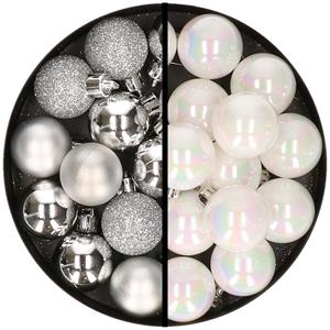 36x stuks kunststof kerstballen zilver en parelmoer wit 3 en 4 cm -