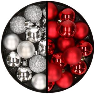 36x stuks kunststof kerstballen zilver en rood 3 en 4 cm -
