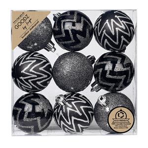 Christmas goods 9x stuks gedecoreerde kunststof kerstballen zwart 6 cm -