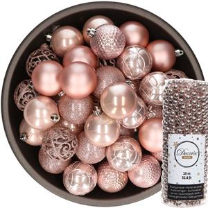 Decoris 37x stuks kunststof kerstballen 6 cm inclusief kralenslinger lichtroze -