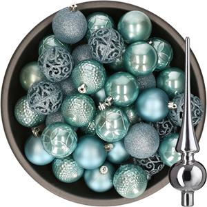 Decoris 37x stuks kunststof kerstballen 6 cm ijsblauw incl. glazen piek glans zilver -