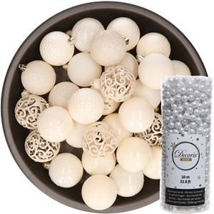 Decoris 37x stuks kunststof kerstballen 6 cm inclusief kralenslinger wol wit -